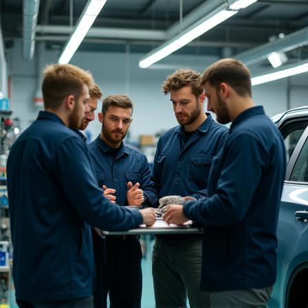 Team of instructors in an automotive workshop with trainees