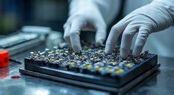 Close-up photo of automotive lithium-ion battery assembly lab